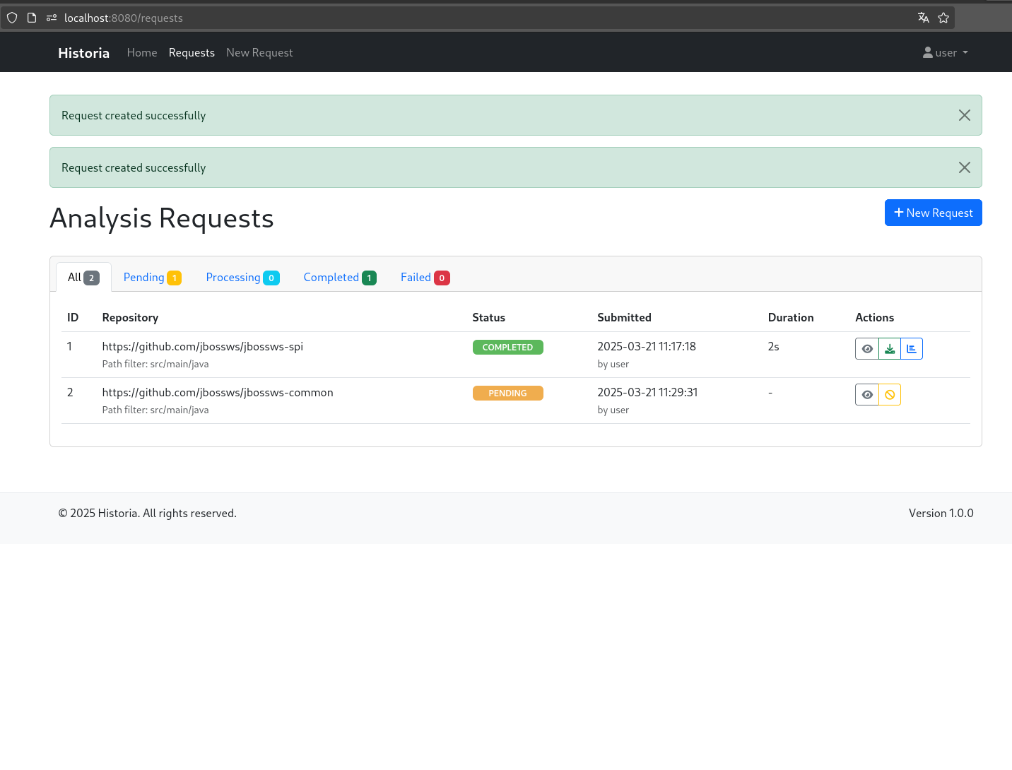 Historia Web Application Dashboard